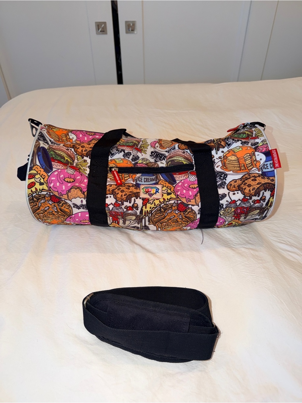 Food-Print Duffel Bag in Pink, White & Multicolor - Fashion Travel Tote